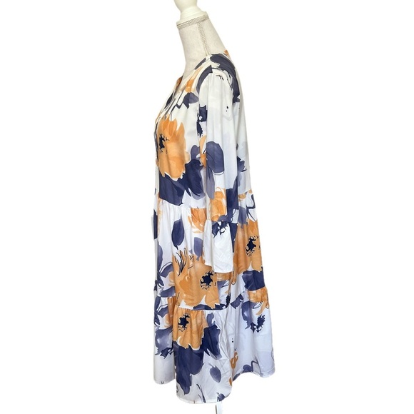 Floral Three Quarters Sleeve Tiered Maxi Dress White Yellow Large - Picture 5 of 5